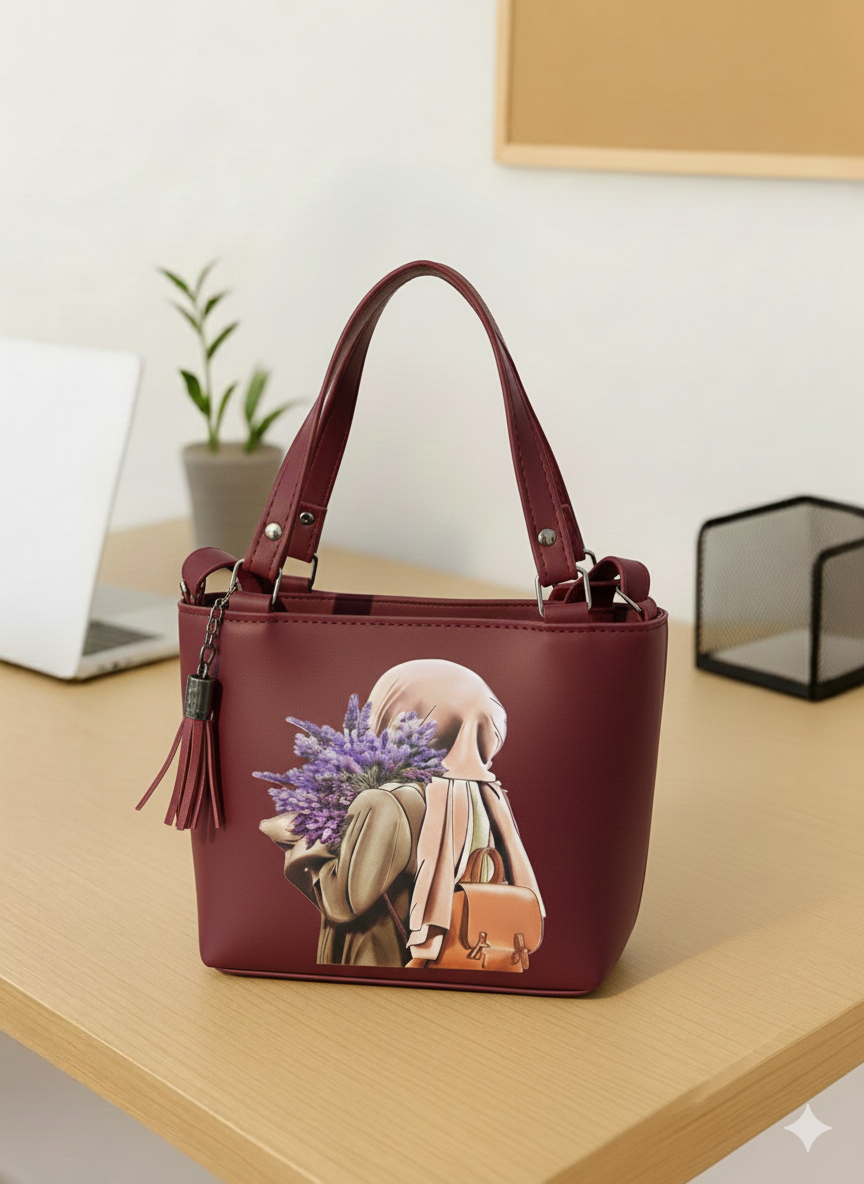 Beige Mini Tote Bag for Women with Cute Girl Print