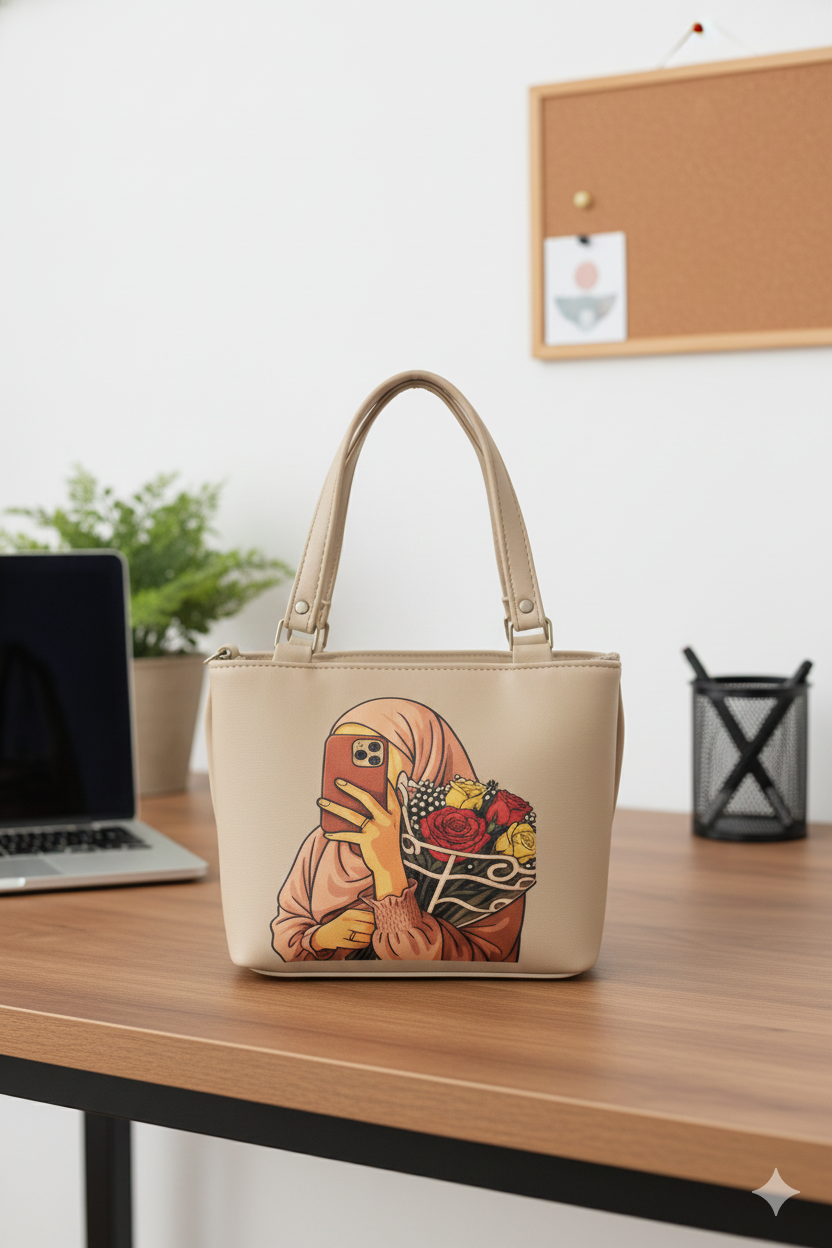 Beige Mini Tote Bag for Women with Cute Girl Print