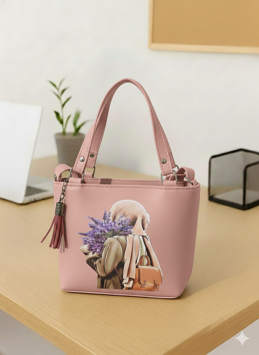 Beige Mini Tote Bag for Women with Cute Girl Print